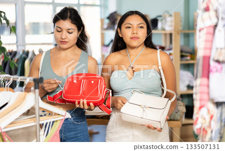 Two young woman chooses dresses or o tops and handbag for the summer period in fashionable clothing store Two young woman chooses dresses or o tops and handbag for the summer period in fashionable clothing store 133507131