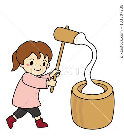 Illustration of a girl pounding stretchy mochi rice cakes Illustration of a girl pounding stretchy mochi rice cakes 133507239