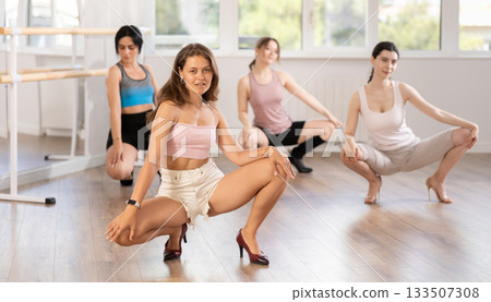 Women wearing casual activewear performing sensual and modern high heels choreography during group class in studio 133507308