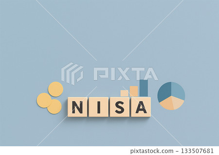 Minimalistic image of NISA and investment | Wooden blocks and financial icons on a blue background 133507681