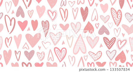 A seamless pattern with hand-drawn hearts in delicate pink colors on a white background. Vector illustration for Valentine s Day designs, greeting cards, or textile prints. A seamless pattern with hand-drawn hearts in delicate pink colors on a white background. Vector illustration for Valentine s Day designs, greeting cards, or textile prints. 133507834