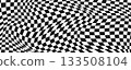 Black and white trippy checkerboard background. Retro psychedelic checkered wallpaper. Wavy groovy chessboard surface. Distorted geometric grid chess pattern. Vector abstract deform race flag backdrop 133508104