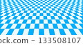 Blue checkerboard floor in perspective. Pool checkered tile pattern background. Retro horizontal chess board grid plane surface. Vintage empty bath room checker stage. Vector ballroom floor 133508107