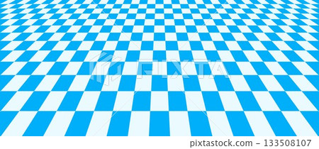 Blue checkerboard floor in perspective. Pool checkered tile pattern background. Retro horizontal chess board grid plane surface. Vintage empty bath room checker stage. Vector ballroom floor 133508107
