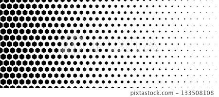 Fading hexagon gradient texture. Vanishing honeycomb pattern background. Geometric hexagonal halftone tech overlay backdrop. Black grunge halfton wallpaper. Vector retro dot texure wallpaper 133508108