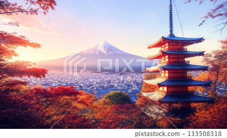 富士山和寺廟插圖 133508318