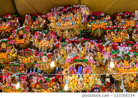 Tokyo, Okunitama Shrine, Owashi Shrine Annual Festival, Tori no Ichi, Rake vendors on the approach to the shrine Tokyo, Okunitama Shrine, Owashi Shrine Annual Festival, Tori no Ichi, Rake vendors on the approach to the shrine 133508334