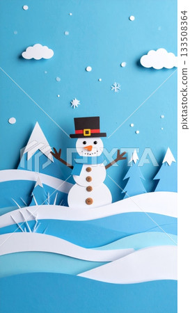 Paper Cut Style Snowman on Blue Snowy Background Paper Cut Style Snowman on Blue Snowy Background 133508364