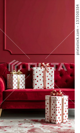 Polka Dot Christmas Gift Boxes on Soft Sofa Polka Dot Christmas Gift Boxes on Soft Sofa 133508384