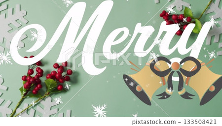 Displaying white cursive Menu text floating on mint canvas with snowflakes red berries golden bells 133508421