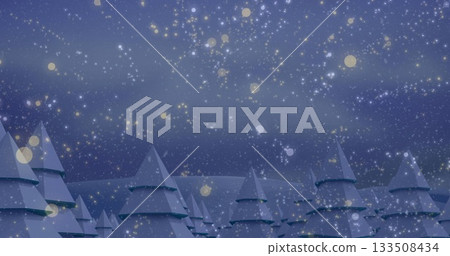 Glowing cone-shaped evergreen trees stretching across rolling hills at night, drifting snowflakes 133508434