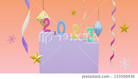 Displaying purple pedestal showing numeral models 2023 on showcase, with baubles and snowflakes Displaying purple pedestal showing numeral models 2023 on showcase, with baubles and snowflakes 133508436