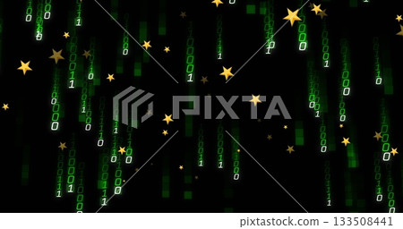 Cascading green binary code streams spanning frame in digital environment, with golden star shapes 133508441