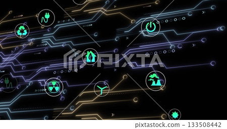 Displaying neon circuit network pulsing on screen, with circular green icons, dots and arrowheads Displaying neon circuit network pulsing on screen, with circular green icons, dots and arrowheads 133508442
