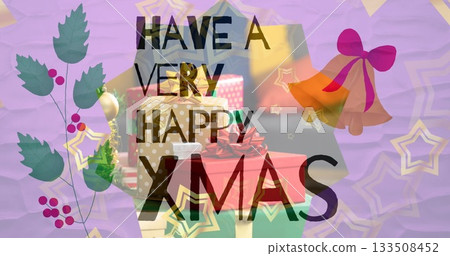 Featuring stack of colorful gift boxes in holiday card design, with holly leaves, golden bells 133508452