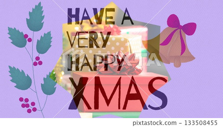 Featuring stacked gift boxes beneath XMAS greeting in XMAS card with holly leaves, golden bells Featuring stacked gift boxes beneath XMAS greeting in XMAS card with holly leaves, golden bells 133508455