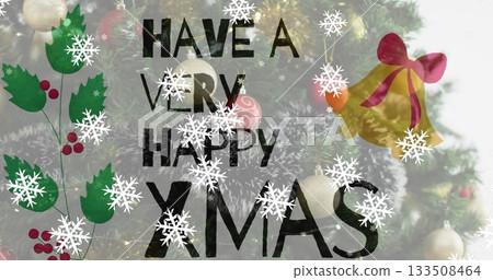 Bold black Xmas greeting text floating on holiday card design, with snowflakes and holly leaves Bold black Xmas greeting text floating on holiday card design, with snowflakes and holly leaves 133508464