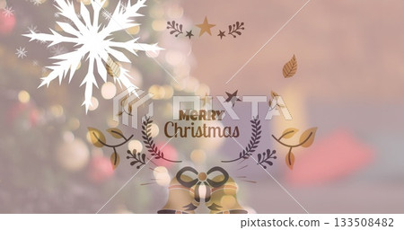 Festive Merry Christmas greeting floating at home, with large snowflake and ribbon bow bells 133508482