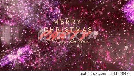 Displaying text Merry Christmas PARTY and Happy New Year on red backdrop featuring fireworks spark Displaying text Merry Christmas PARTY and Happy New Year on red backdrop featuring fireworks spark 133508484