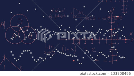 Showing abstract chalkboard illustration on dark blue field, with Venn diagram, triangle and axes Showing abstract chalkboard illustration on dark blue field, with Venn diagram, triangle and axes 133508496