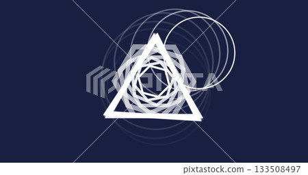 Featuring white triangle floating at center on navy canvas, with polygon outlines and rings 133508497