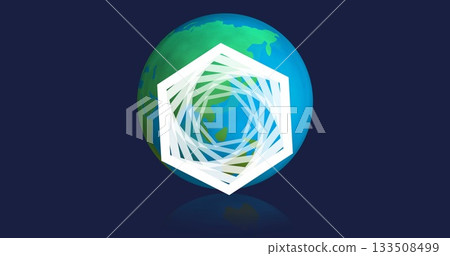 Rotating white geometric spiral overlaying stylized globe on navy background, highlighting design Rotating white geometric spiral overlaying stylized globe on navy background, highlighting design 133508499