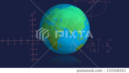 Positioning 3D Earth globe rotating in digital illustration, with Cartesian axes, math equations Positioning 3D Earth globe rotating in digital illustration, with Cartesian axes, math equations 133508501