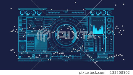 Showing futuristic dashboard monitoring data in digital UI, with circular meter and bar chart 133508502