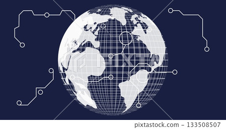 Displaying wireframe globe with continent shapes floating on dark blue field, with circuit nodes Displaying wireframe globe with continent shapes floating on dark blue field, with circuit nodes 133508507