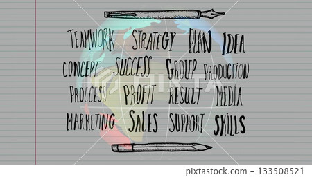 Showing buzzwords swirling around translucent globe on ruled notebook paper, with pen sketches 133508521