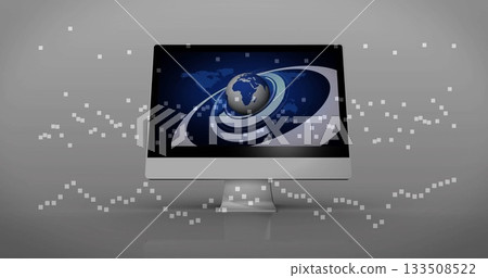 Displaying all-in-one computer showing 3D globe graphic on tabletop in studio, with pixel motifs Displaying all-in-one computer showing 3D globe graphic on tabletop in studio, with pixel motifs 133508522