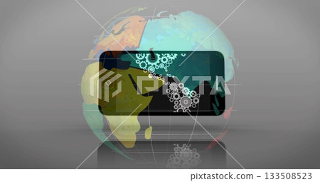 Displaying phone outline with gear icons over globe on grey reflective floor with grid and glitches Displaying phone outline with gear icons over globe on grey reflective floor with grid and glitches 133508523