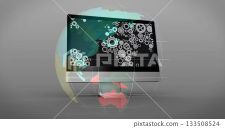Floating widescreen monitor and globe with grid rotating in virtual studio, with gear icon overlay Floating widescreen monitor and globe with grid rotating in virtual studio, with gear icon overlay 133508524