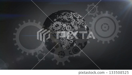 Rotating metallic gear globe pulsing in dark digital space, with gear silhouettes, lens flares Rotating metallic gear globe pulsing in dark digital space, with gear silhouettes, lens flares 133508525