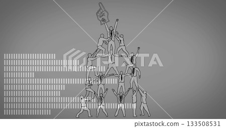 Corporate team in suits and ties climbing pyramid on gray backdrop, with foam finger and bars Corporate team in suits and ties climbing pyramid on gray backdrop, with foam finger and bars 133508531