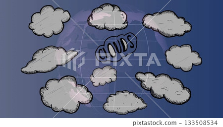 Displaying hand-drawn clouds orbiting central CLOUDS label in digital illustration with globe motif Displaying hand-drawn clouds orbiting central CLOUDS label in digital illustration with globe motif 133508534