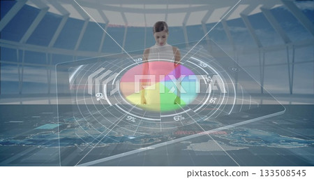 Analyzing woman in sleeveless top reviewing holographic pie chart in control room, with world map 133508545