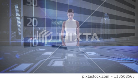 Presenting woman in sleeveless dress using holographic bar chart in studio against city skyline 133508563