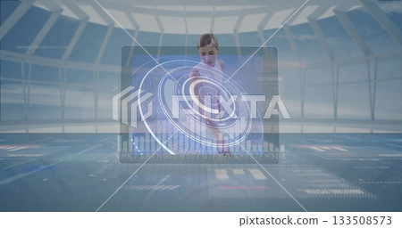 Manipulating woman wearing tech outfit interacting in control facility, with holographic interface Manipulating woman wearing tech outfit interacting in control facility, with holographic interface 133508573