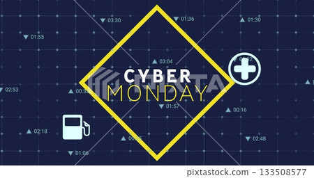 Showing yellow rhombus highlighting CYBER MONDAY on navy banner with pump cross arrow time icons Showing yellow rhombus highlighting CYBER MONDAY on navy banner with pump cross arrow time icons 133508577