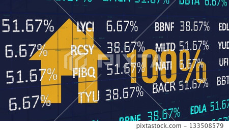 Digital dashboard displaying bold 100% text and golden arrow rising on screen, with ticker codes 133508579