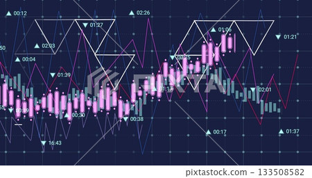 Displaying trading chart at terminal, showing pink and cyan candlesticks and magenta line graphs Displaying trading chart at terminal, showing pink and cyan candlesticks and magenta line graphs 133508582