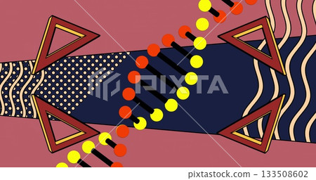 Abstract art showing diagonal red and yellow circle chain on gallery wall, outlined triangles 133508602