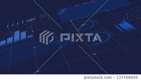 Displaying dashboard visualizing data in virtual space, with charts, tables, circular meters, grid Displaying dashboard visualizing data in virtual space, with charts, tables, circular meters, grid 133508609