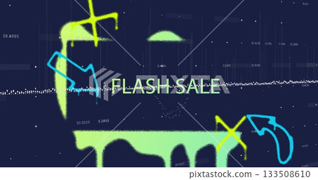 Glowing lime green FLASH SALE text on dark digital canvas, featuring drips, blue arrows and data 133508610