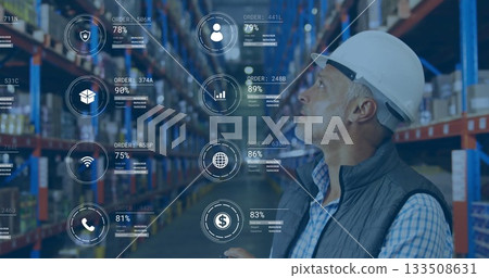 Inspecting warehouse inventory man wearing helmet, vest in aisle with digital overlays, copy space Inspecting warehouse inventory man wearing helmet, vest in aisle with digital overlays, copy space 133508631