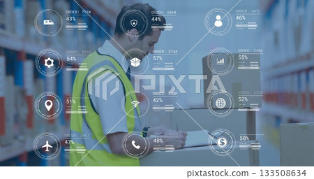 Worker wearing yellow safety vest logging data on clipboard in warehouse aisle with HUD overlays Worker wearing yellow safety vest logging data on clipboard in warehouse aisle with HUD overlays 133508634