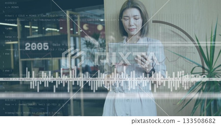 Analyzing businesswoman reviewing tablet data at office lounge, with chart overlays and coffee cups Analyzing businesswoman reviewing tablet data at office lounge, with chart overlays and coffee cups 133508682