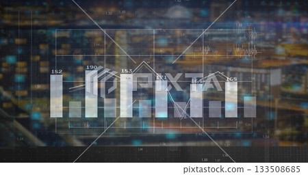 Displaying vertical bar chart over blurred city skyline, with numeric labels line graph grid lines Displaying vertical bar chart over blurred city skyline, with numeric labels line graph grid lines 133508685