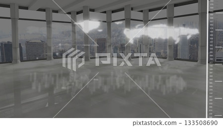 Casting digital world map projection with bar chart overlays in office with wraparound windows 133508690